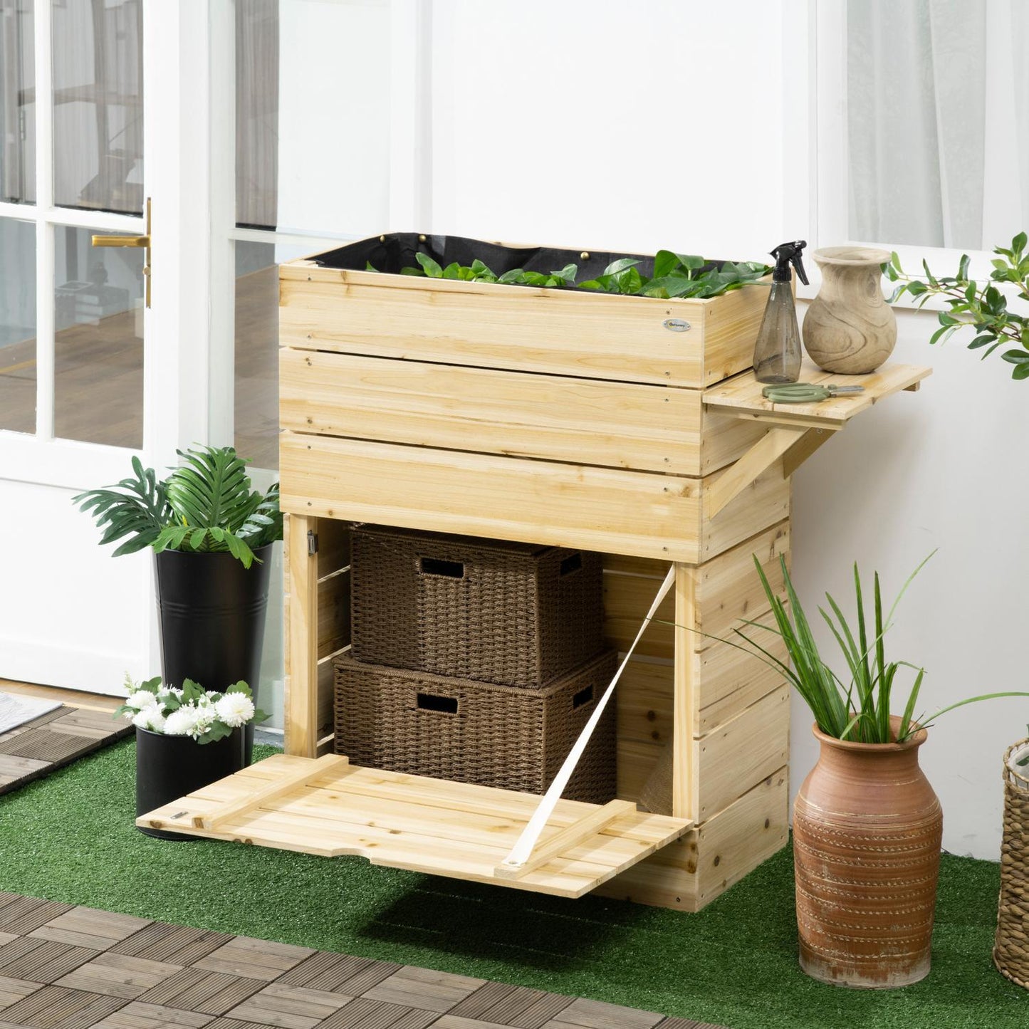 Raised wooden planter with table & storage, 105 x 39.5 cm