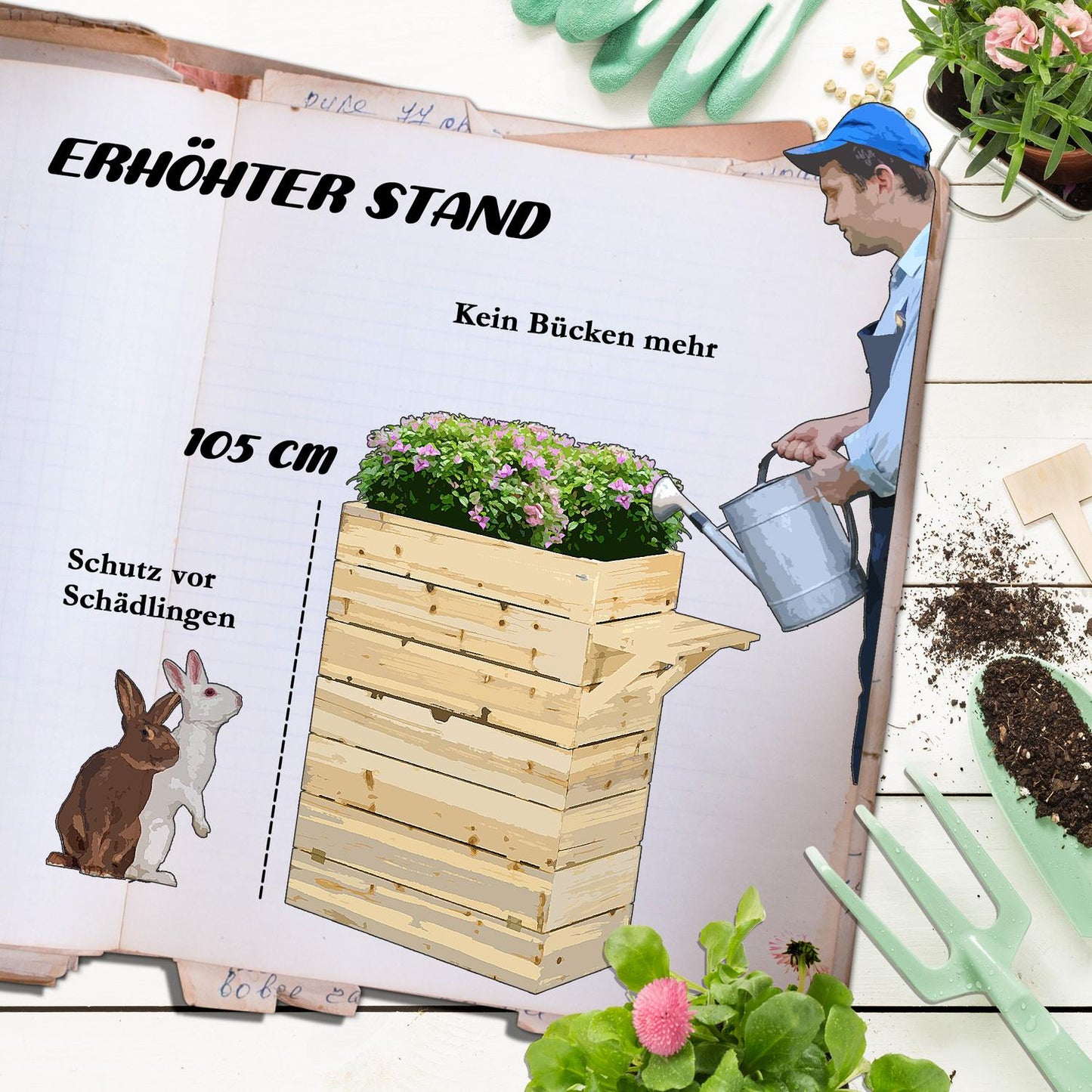 Raised wooden planter with table & storage, 105 x 39.5 cm