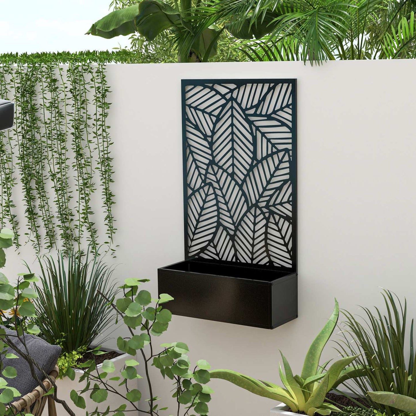 Wall-mounted metal planter with trellis, 61x23x113cm