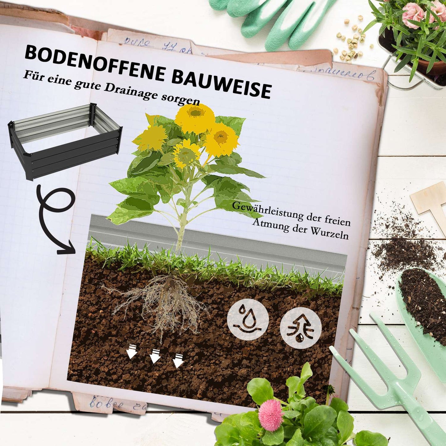 Raised garden bed set, stainless steel, dark grey, 100x60x30 cm