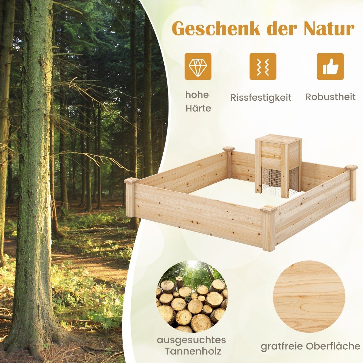 Raised bed with compost bin wooden garden bed 300 L capacity plant box 124 x 124 x 25.5 cm