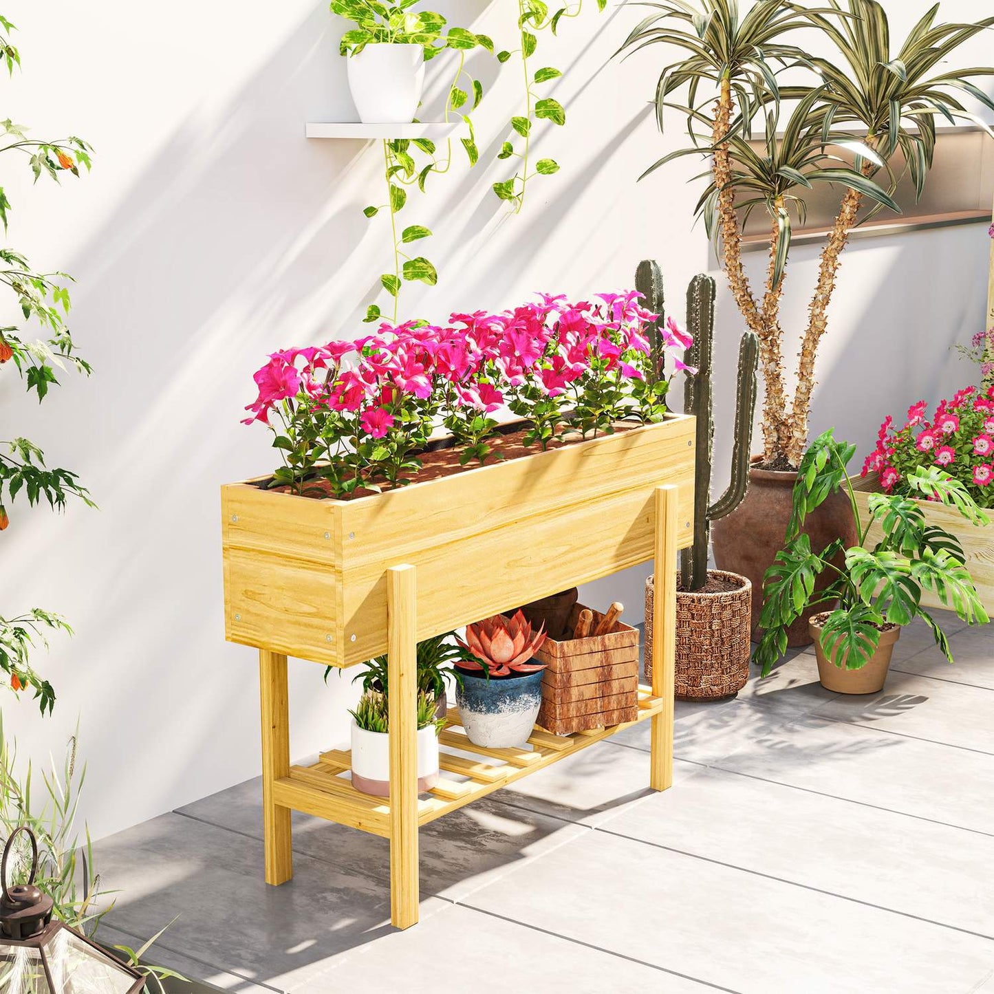 Raised wooden planter box with shelf and drainage, 100x30x70.5 cm
