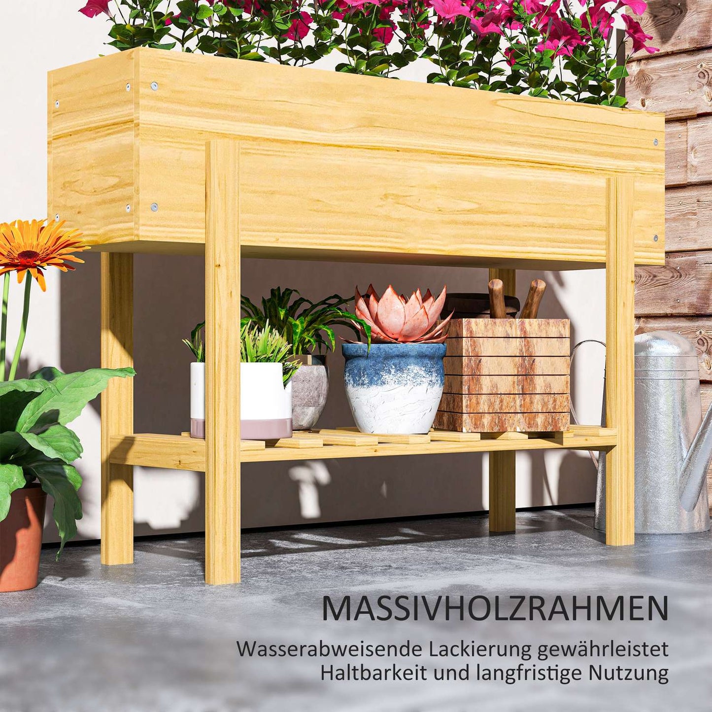 Raised wooden planter box with shelf and drainage, 100x30x70.5 cm