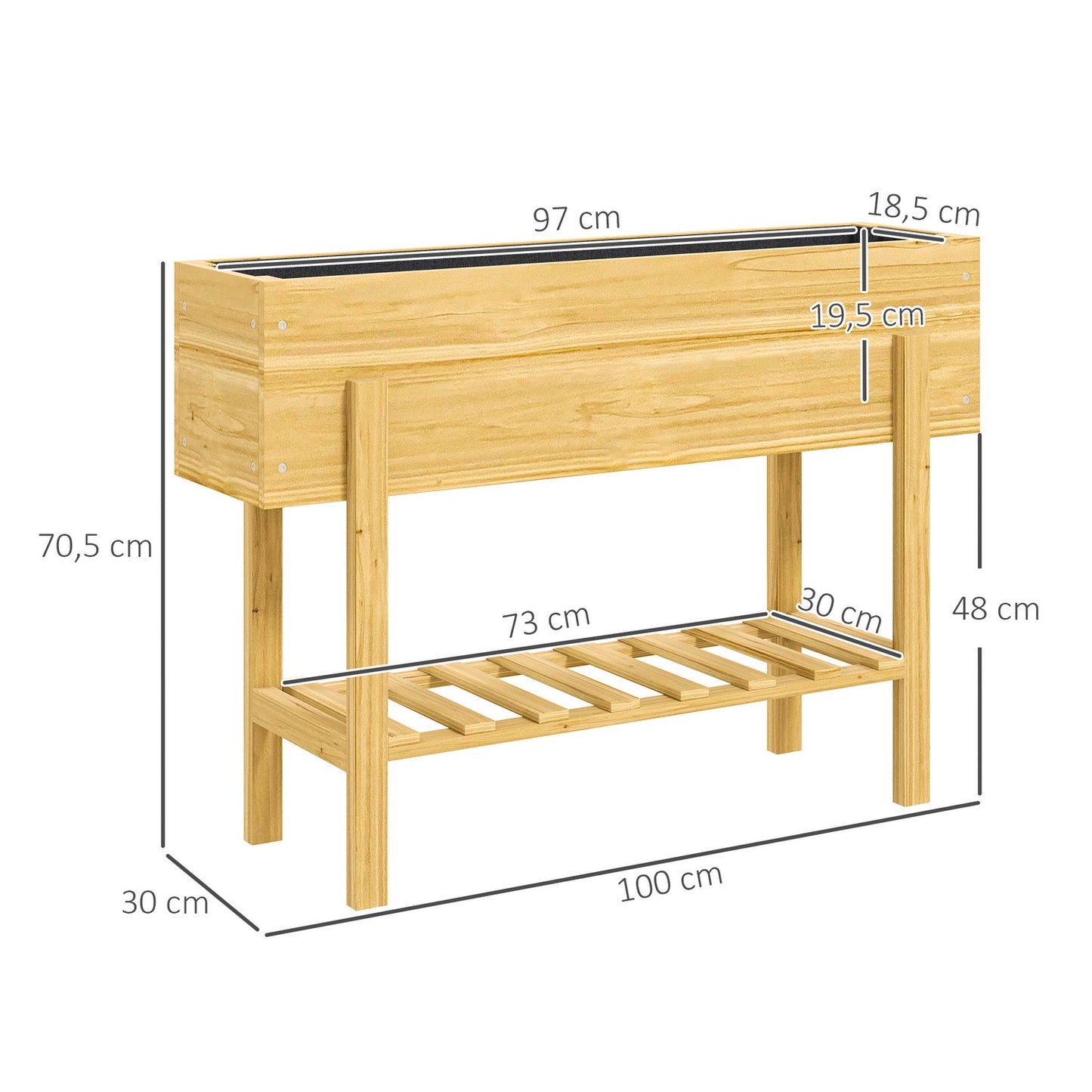Raised wooden planter box with shelf and drainage, 100x30x70.5 cm