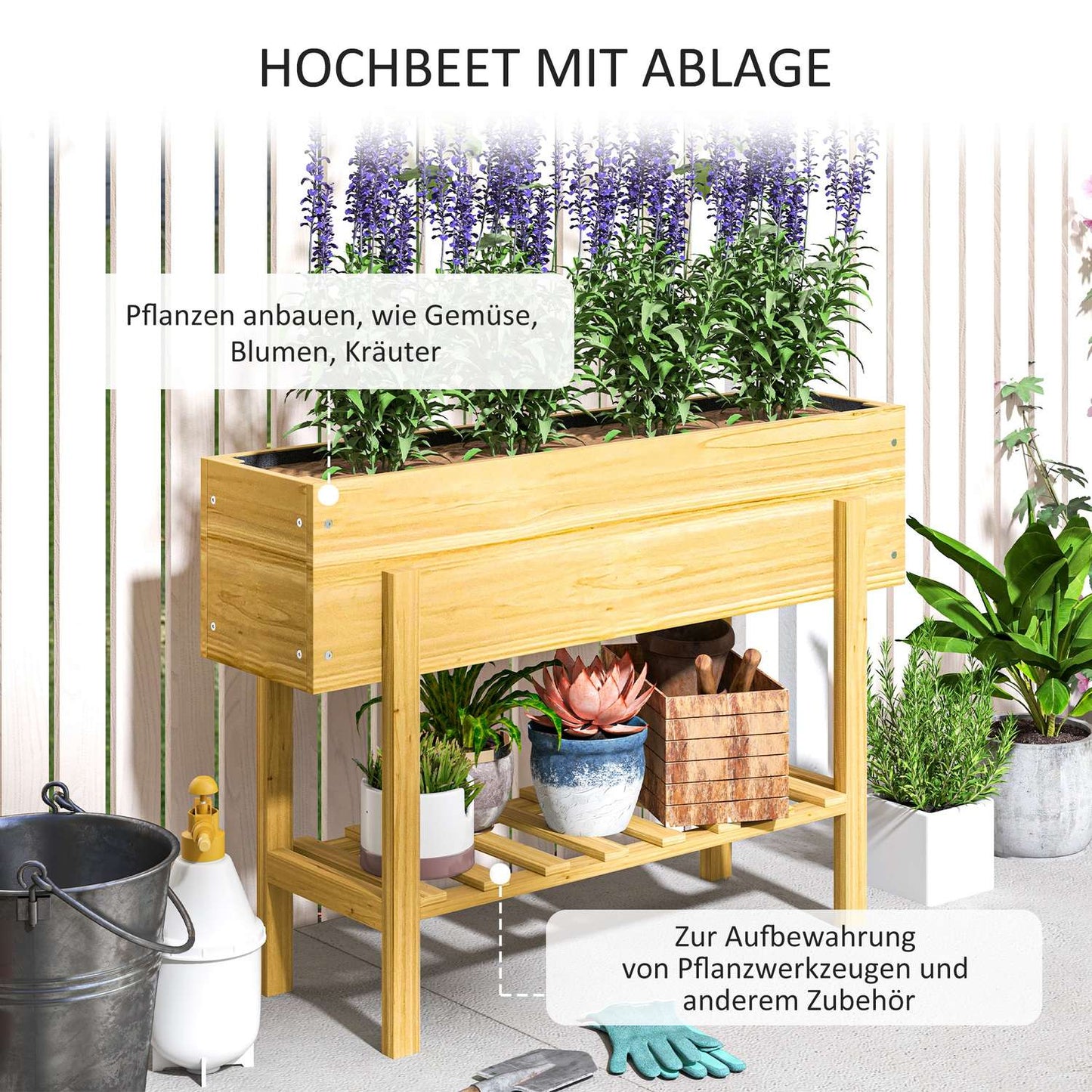 Raised wooden planter box with shelf and drainage, 100x30x70.5 cm