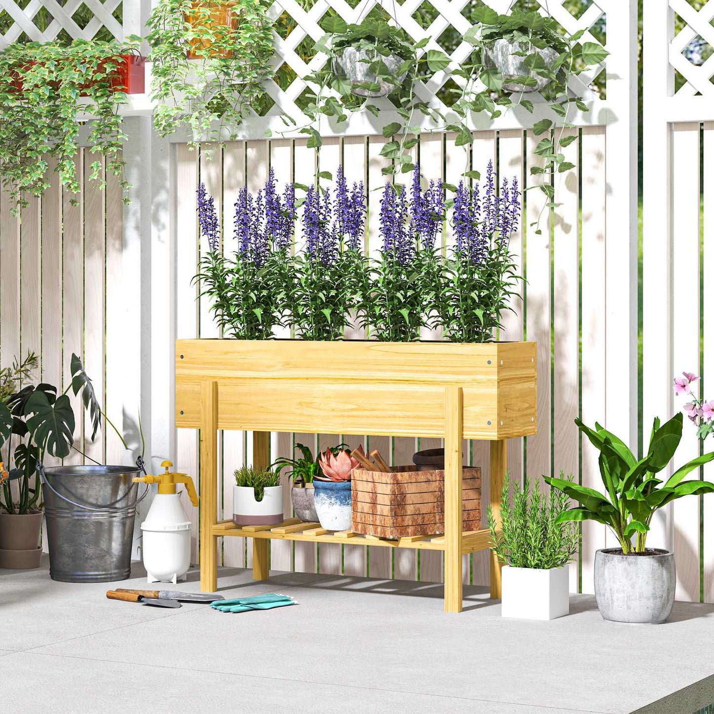 Raised wooden planter box with shelf and drainage, 100x30x70.5 cm