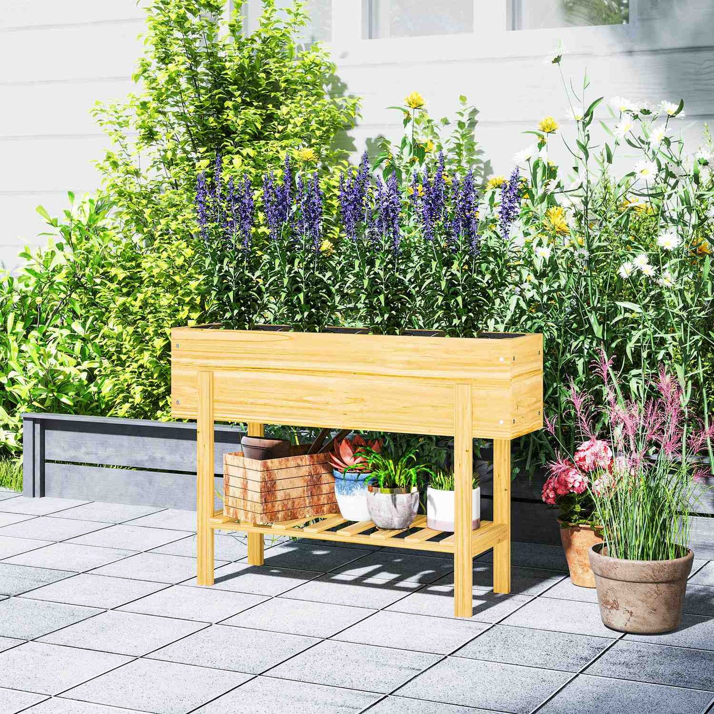 Raised wooden planter box with shelf and drainage, 100x30x70.5 cm