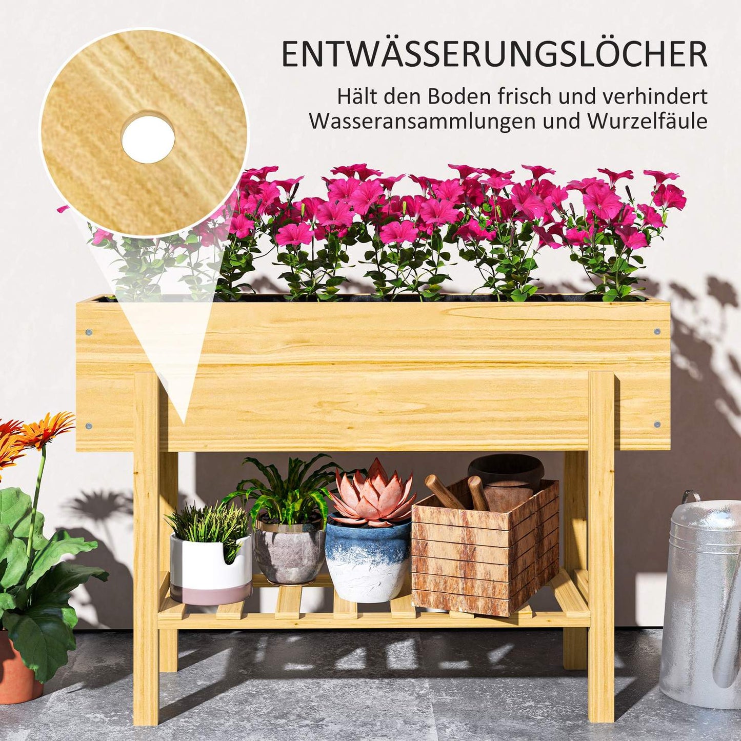 Raised wooden planter box with shelf and drainage, 100x30x70.5 cm