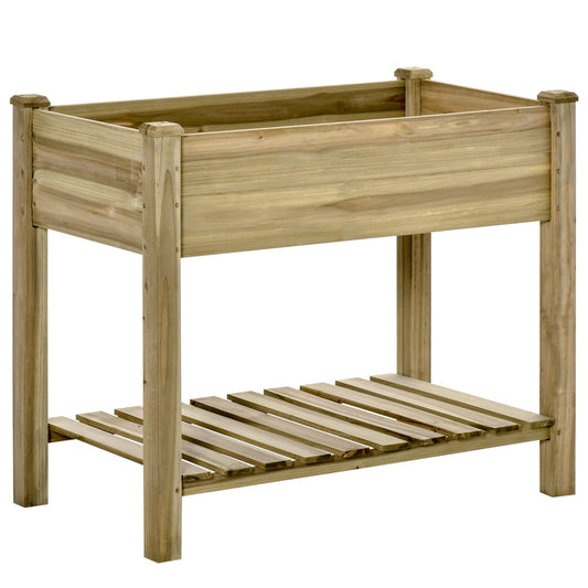 Raised wooden garden bed with shelf and drainage hole