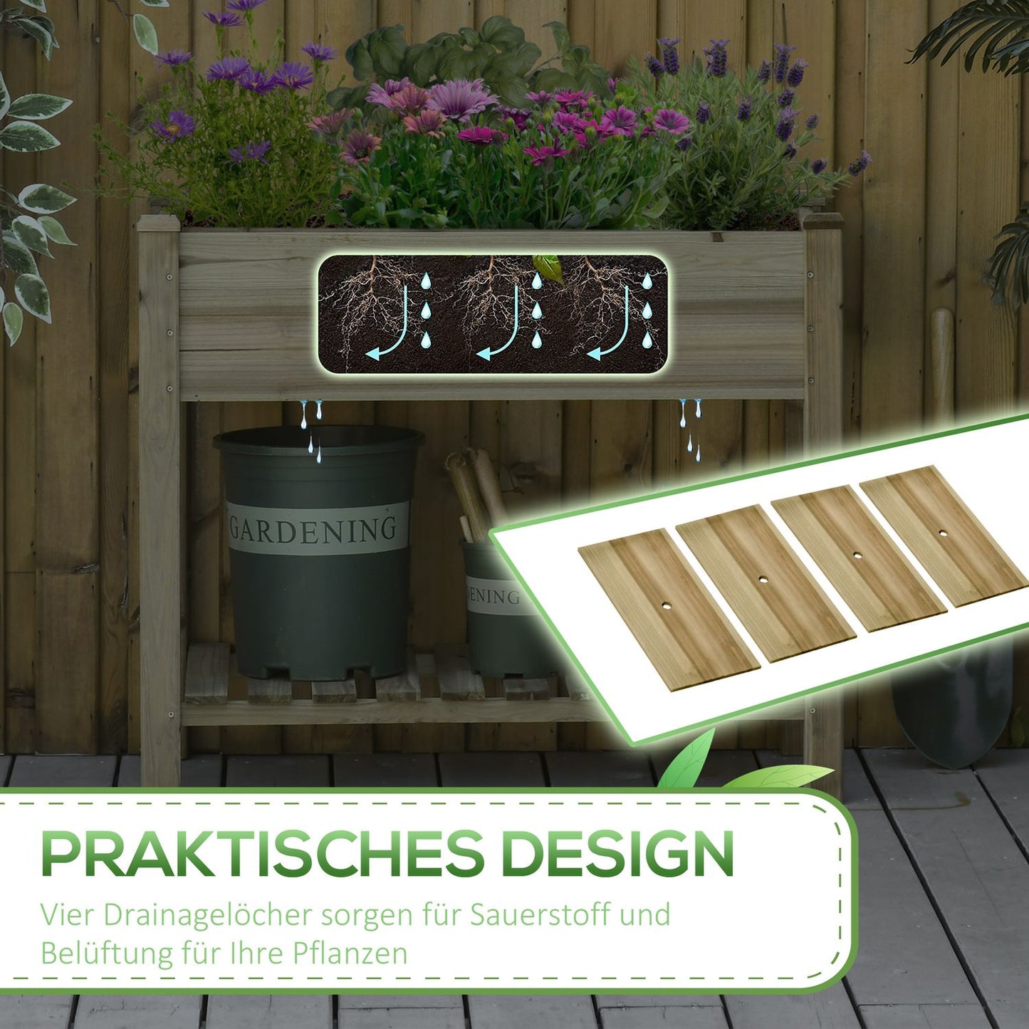 Raised wooden garden bed with shelf and drainage hole