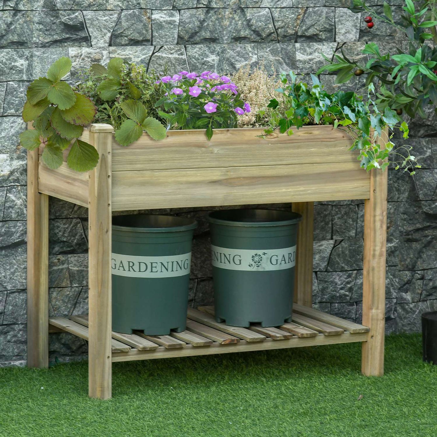 Raised wooden garden bed with shelf and drainage hole