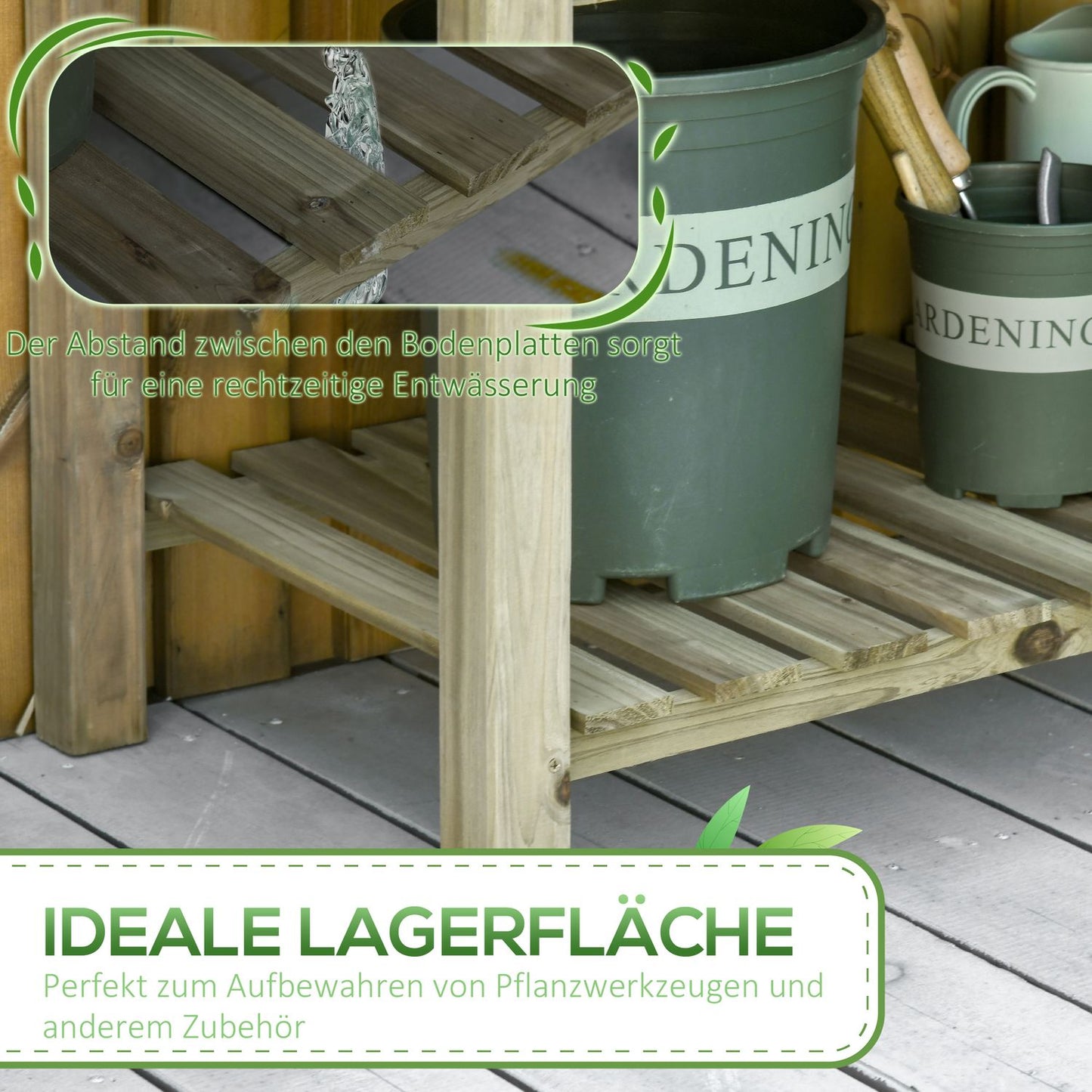Raised wooden garden bed with shelf and drainage hole