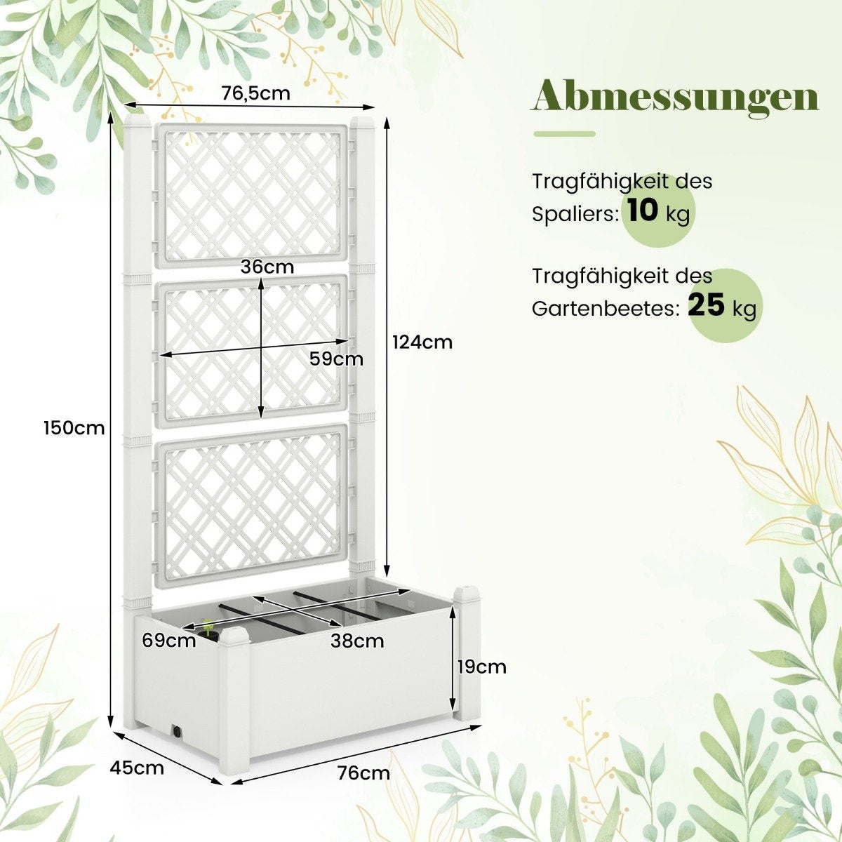 Raised bed with trellis, 3 levels height adjustable, flower box with trellis 76 x 45 x 150 cm white