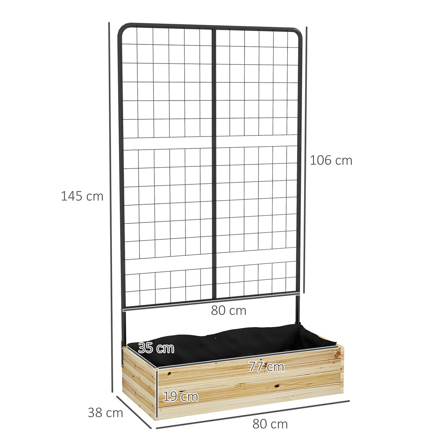 Raised wooden bed with trellis - 80x38x145 cm Planter box