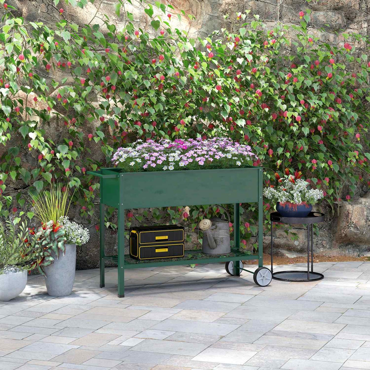 Raised metal garden bed with wheels and shelf, 109x44x80 cm