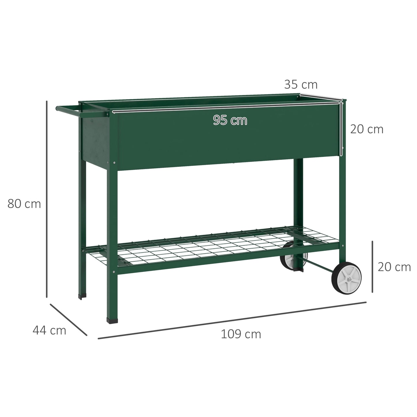 Raised metal garden bed with wheels and shelf, 109x44x80 cm