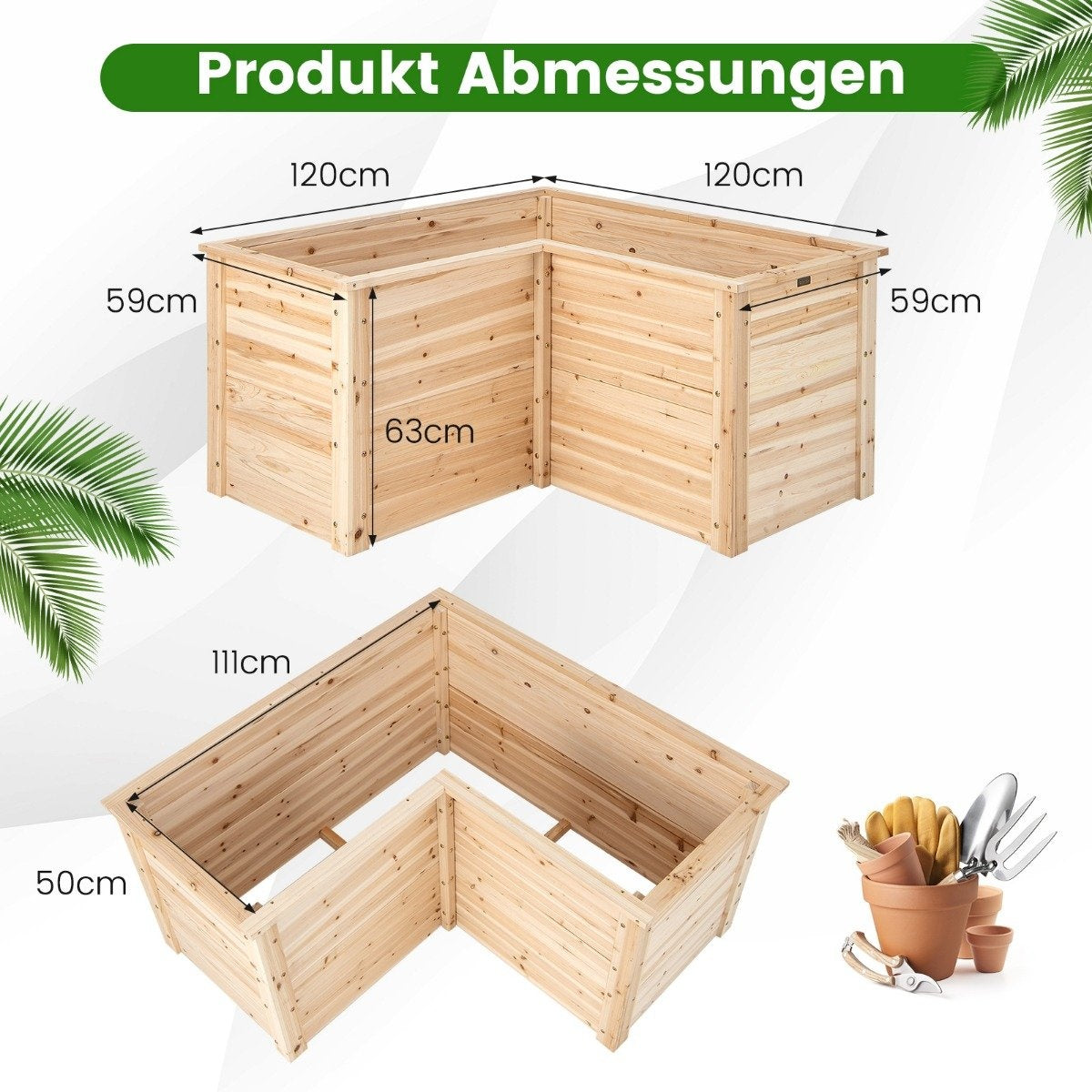 Raised bed wooden planter for balcony garden terrace herb bed flower box 120 x 120 x 63 cm natural