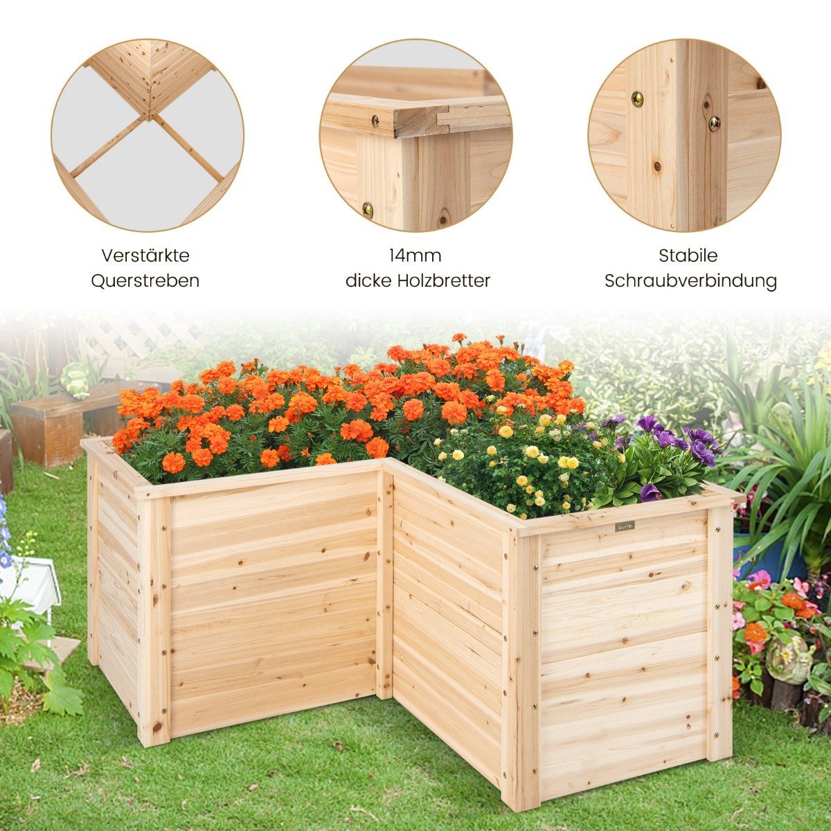Raised bed wooden planter for balcony garden terrace herb bed flower box 120 x 120 x 63 cm natural
