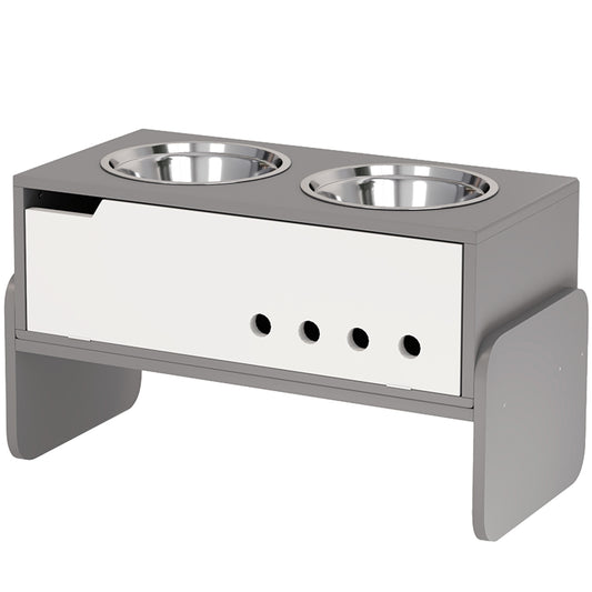 Adjustable raised dog bowl with storage, 2x 2L bowls, grey