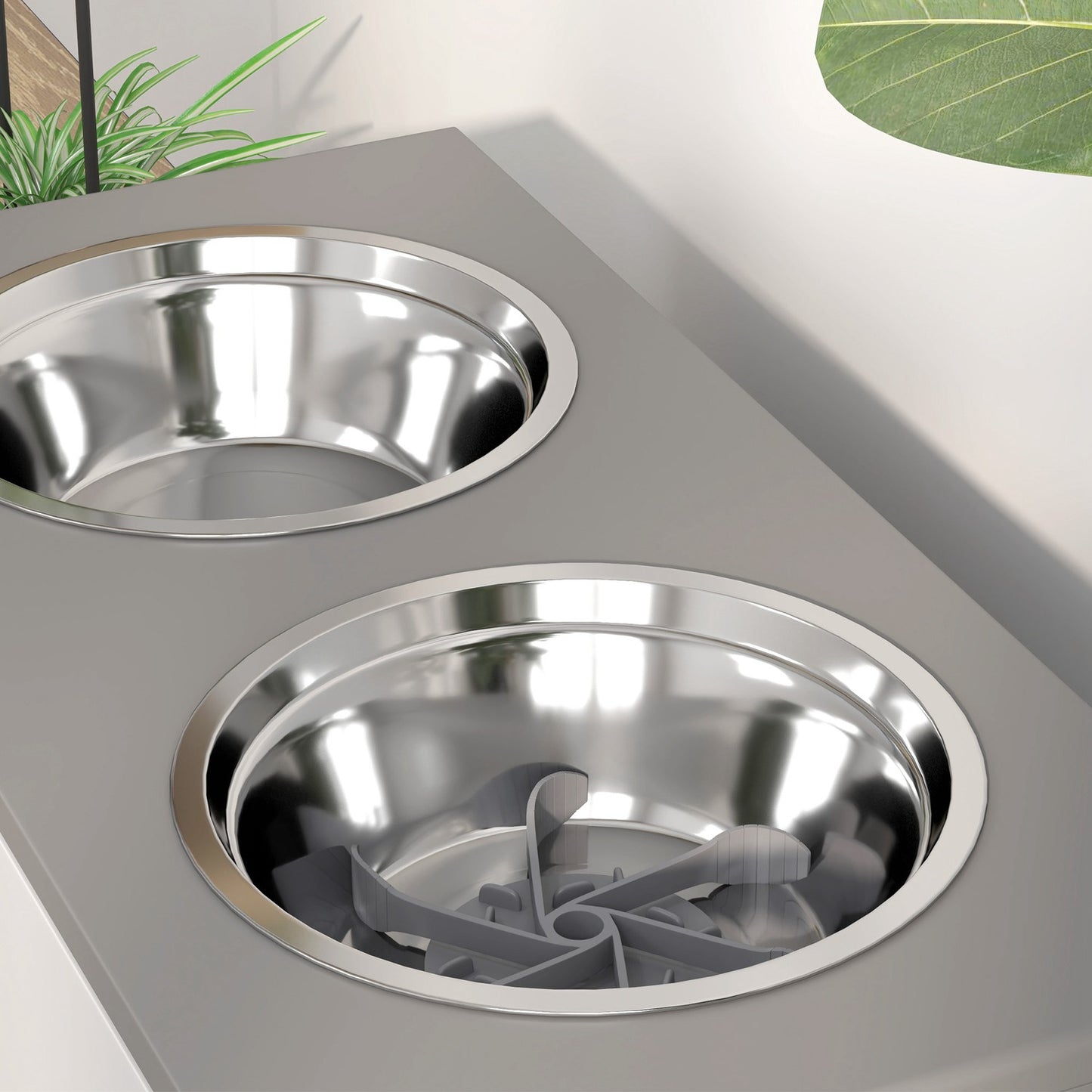 Adjustable raised dog bowl with storage, 2x 2L bowls, grey