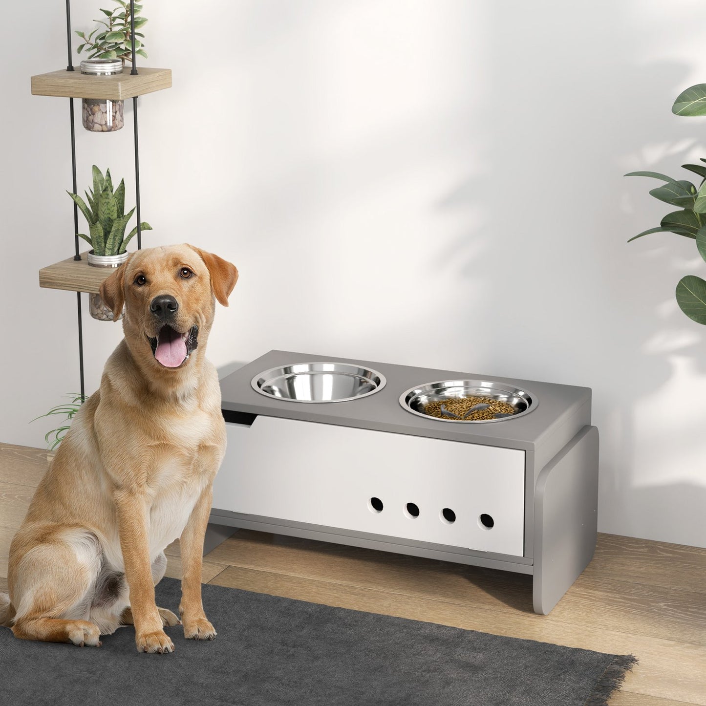 Adjustable raised dog bowl with storage, 2x 2L bowls, grey
