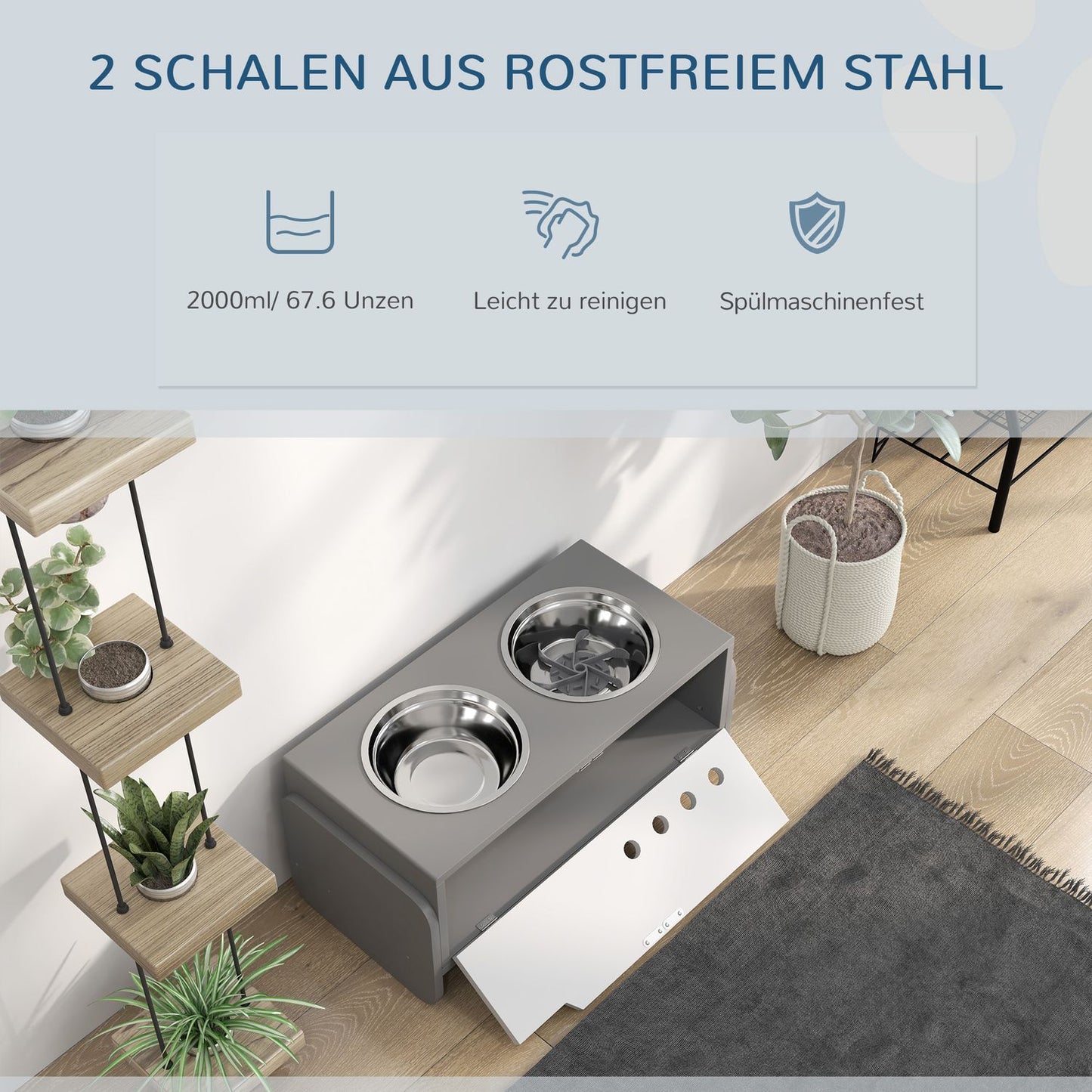 Adjustable raised dog bowl with storage, 2x 2L bowls, grey