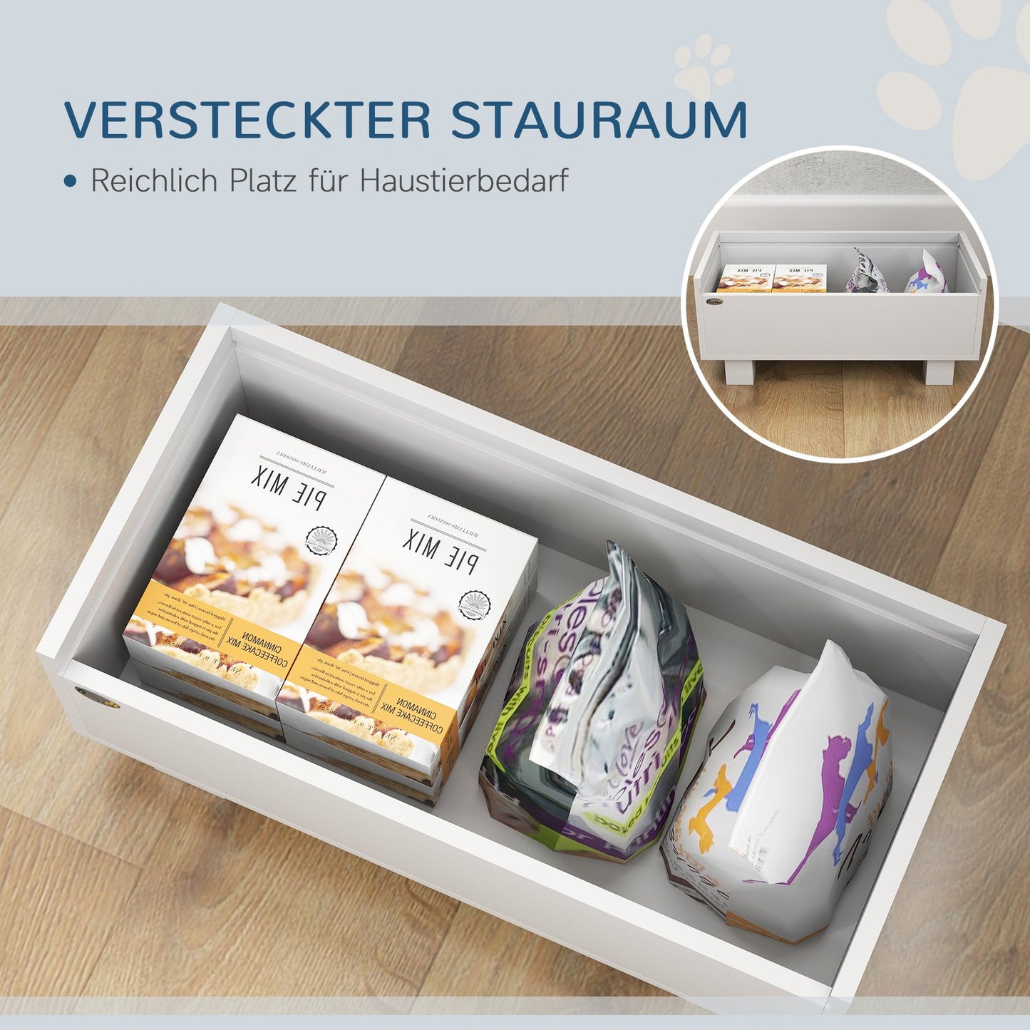Adjustable raised dog bowl with storage - 2 stainless steel bowls