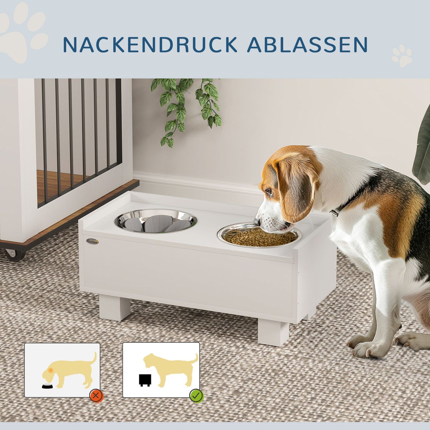 Adjustable raised dog bowl with storage - 2 stainless steel bowls