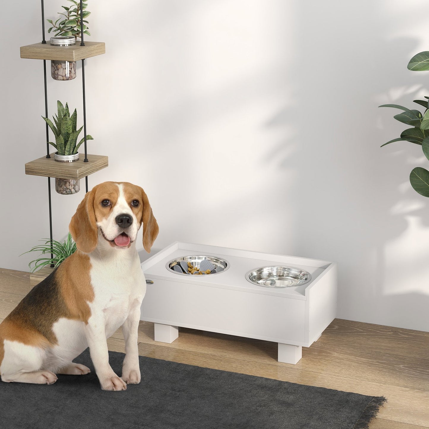 Adjustable raised dog bowl with storage - 2 stainless steel bowls
