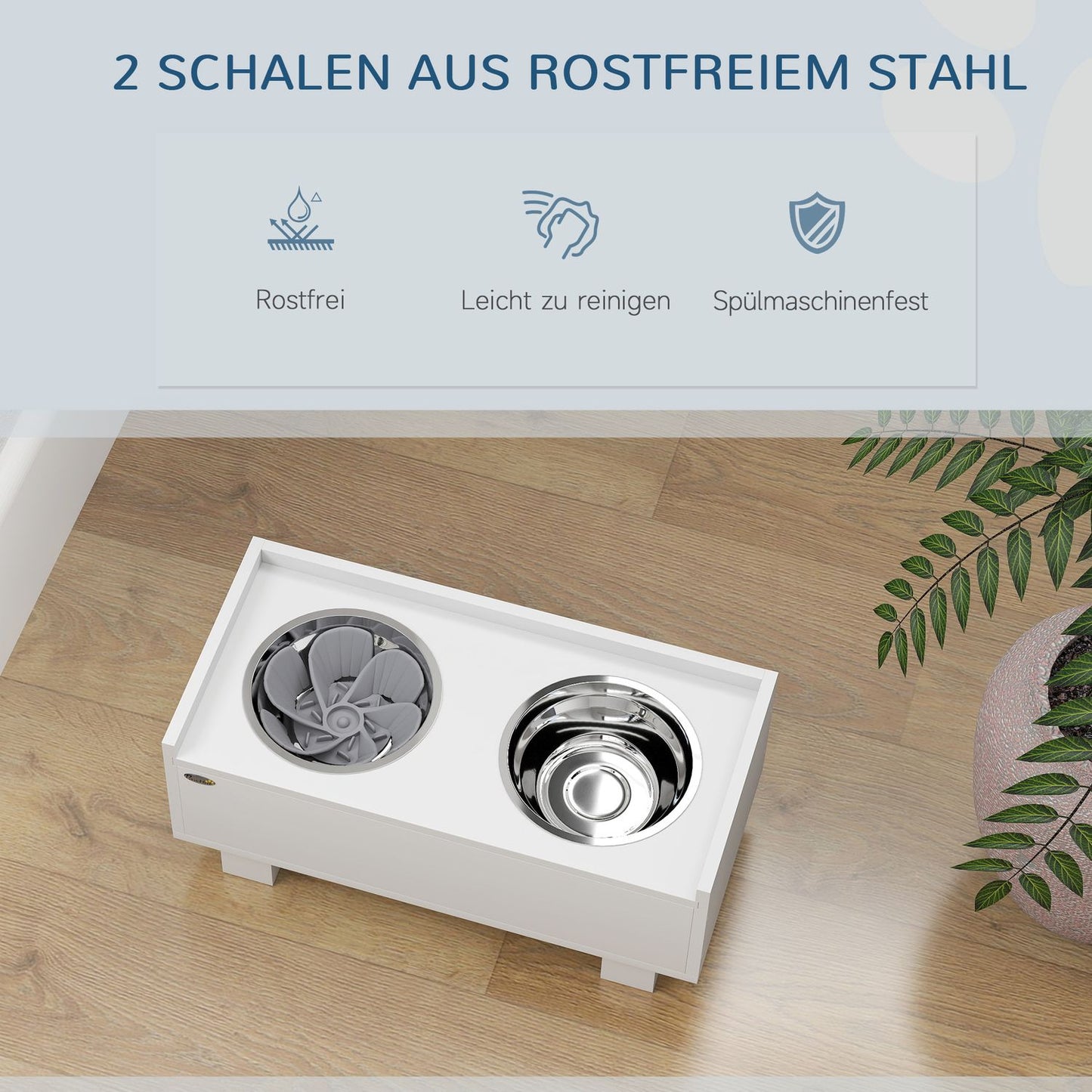 Adjustable raised dog bowl with storage - 2 stainless steel bowls