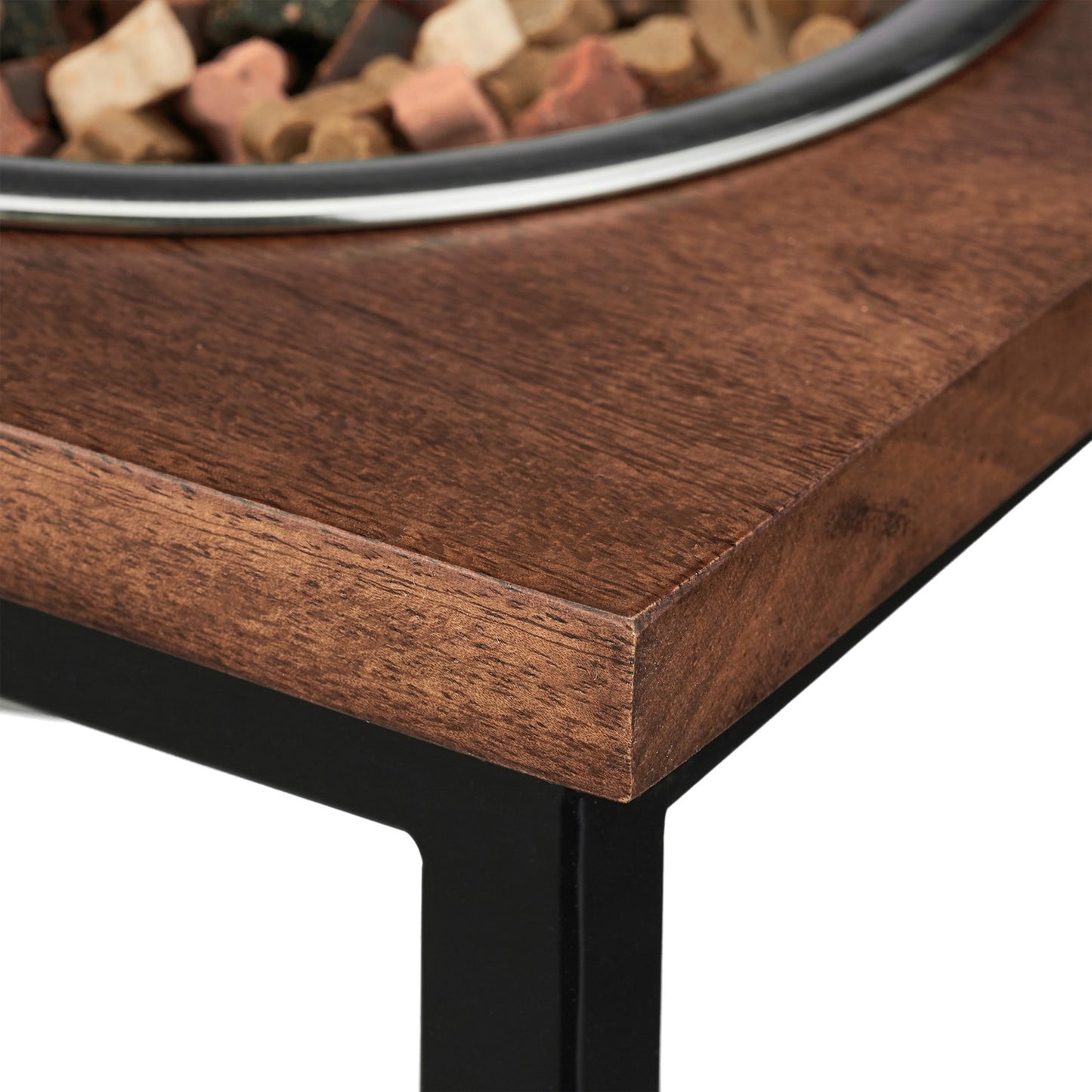Raised dog bowl made from mango wood