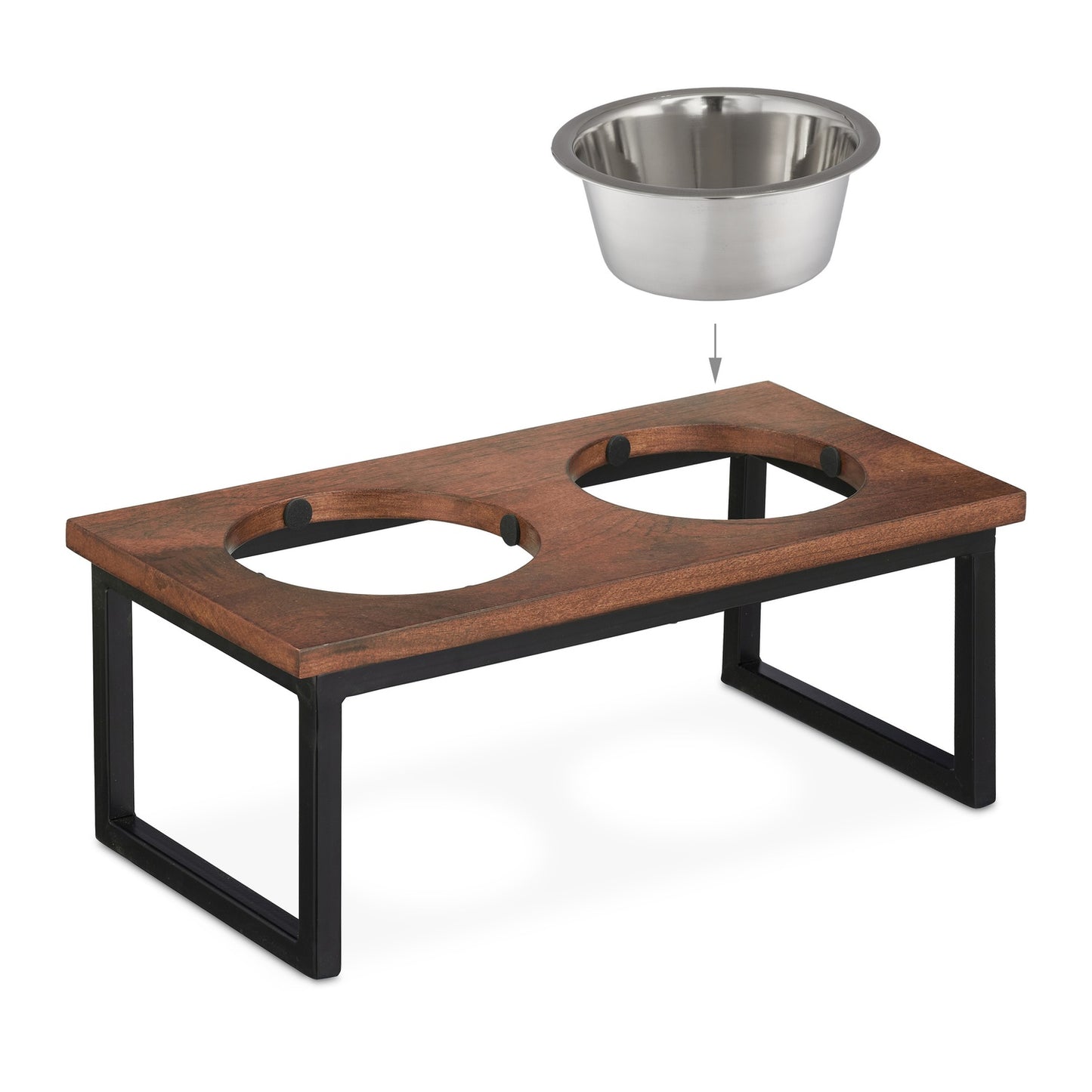 Raised dog bowl made from mango wood