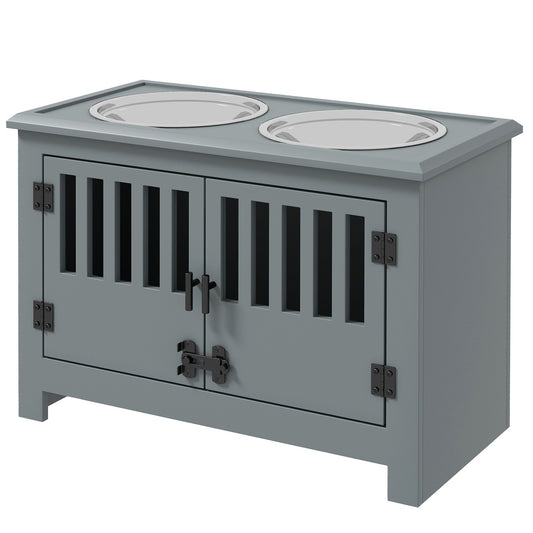 Raised feeding station for large dogs, 2 stainless steel bowls, storage space, 35.5x60x30 cm, grey