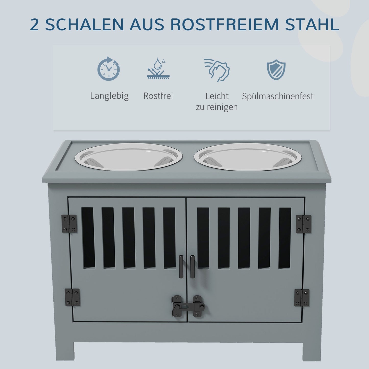 Raised feeding station for large dogs, 2 stainless steel bowls, storage space, 35.5x60x30 cm, grey
