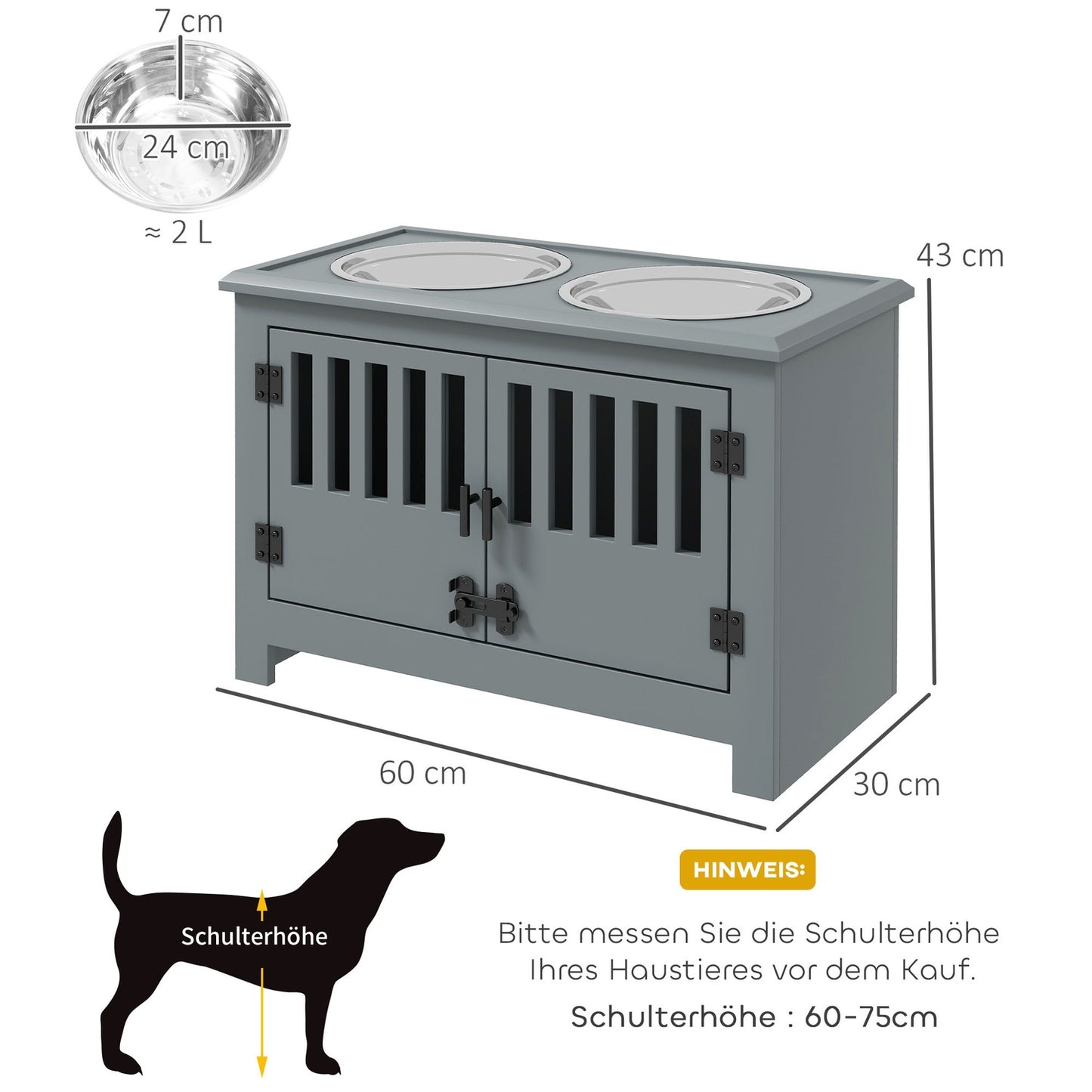 Raised feeding station for large dogs, 2 stainless steel bowls, storage space, 35.5x60x30 cm, grey