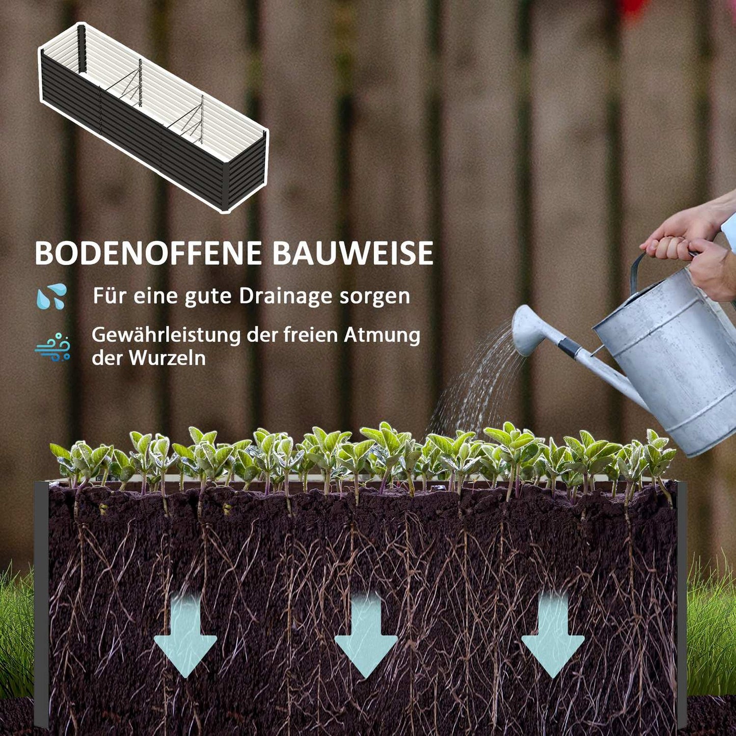 Raised garden bed in galvanized steel, weatherproof, 240x60x60 cm