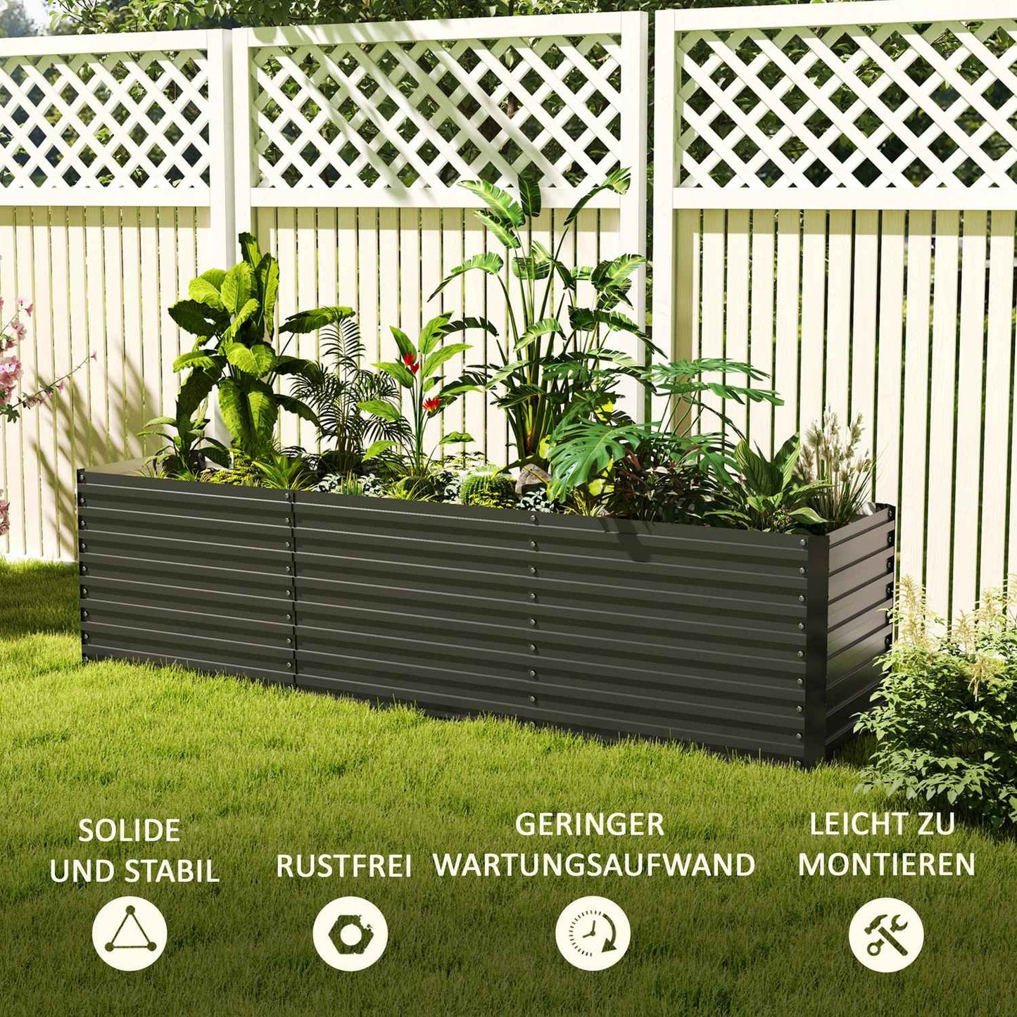 Raised garden bed in galvanized steel, weatherproof, 240x60x60 cm