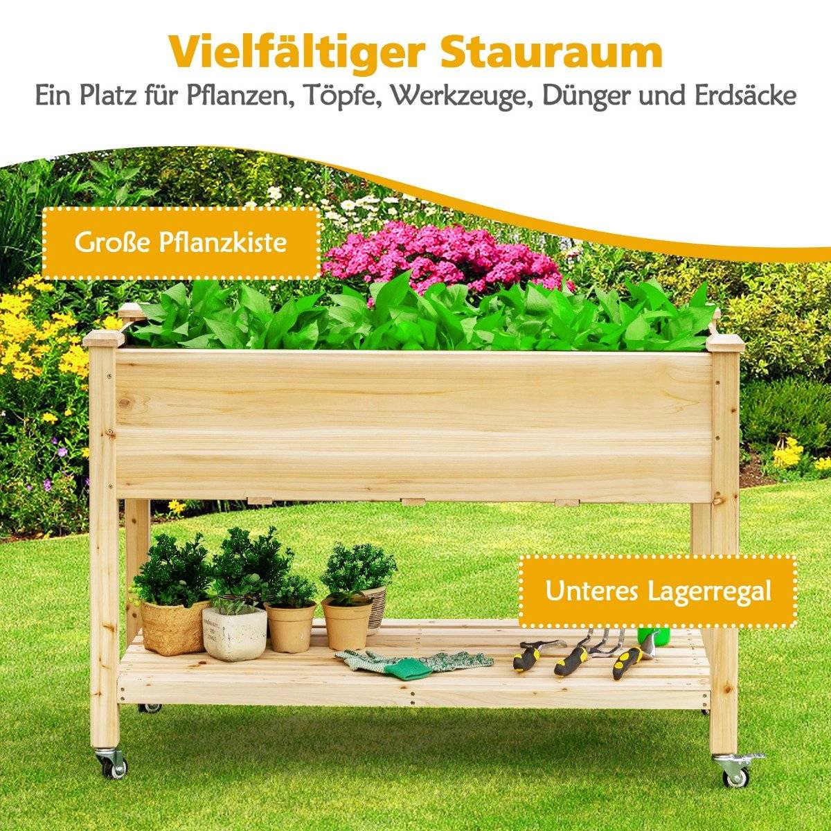 Raised garden bed planter made of wood with lockable wheels 120 x 59 x 84 cm natural