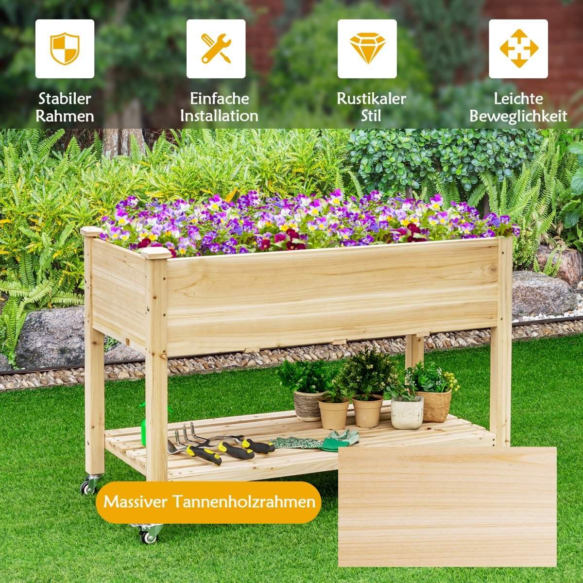 Raised garden bed planter made of wood with lockable wheels 120 x 59 x 84 cm natural