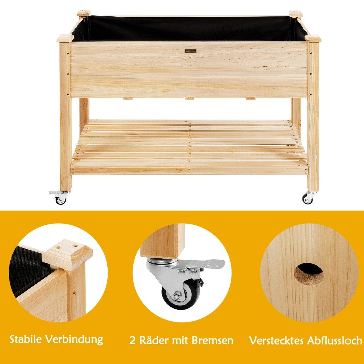 Raised garden bed planter made of wood with lockable wheels 120 x 59 x 84 cm natural
