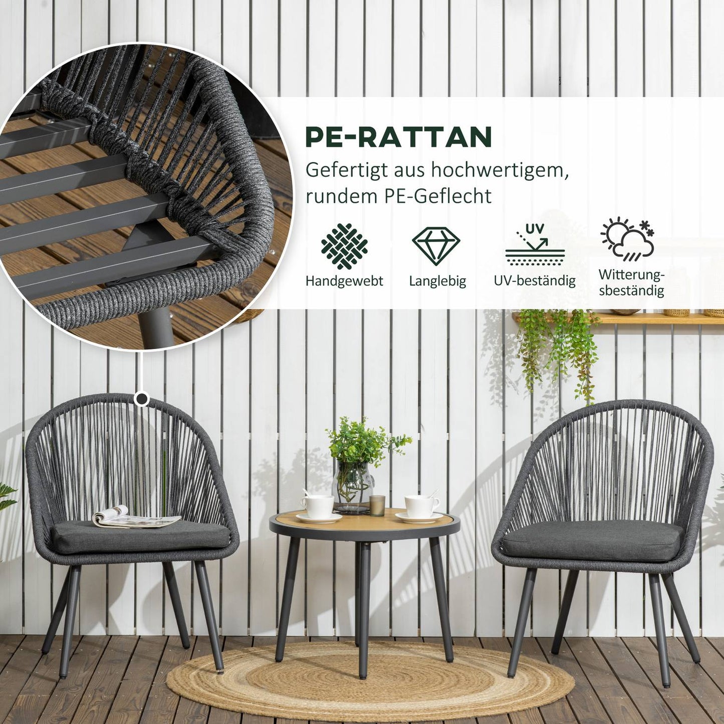 Rattan garden seat for 2 with cushions, dark grey