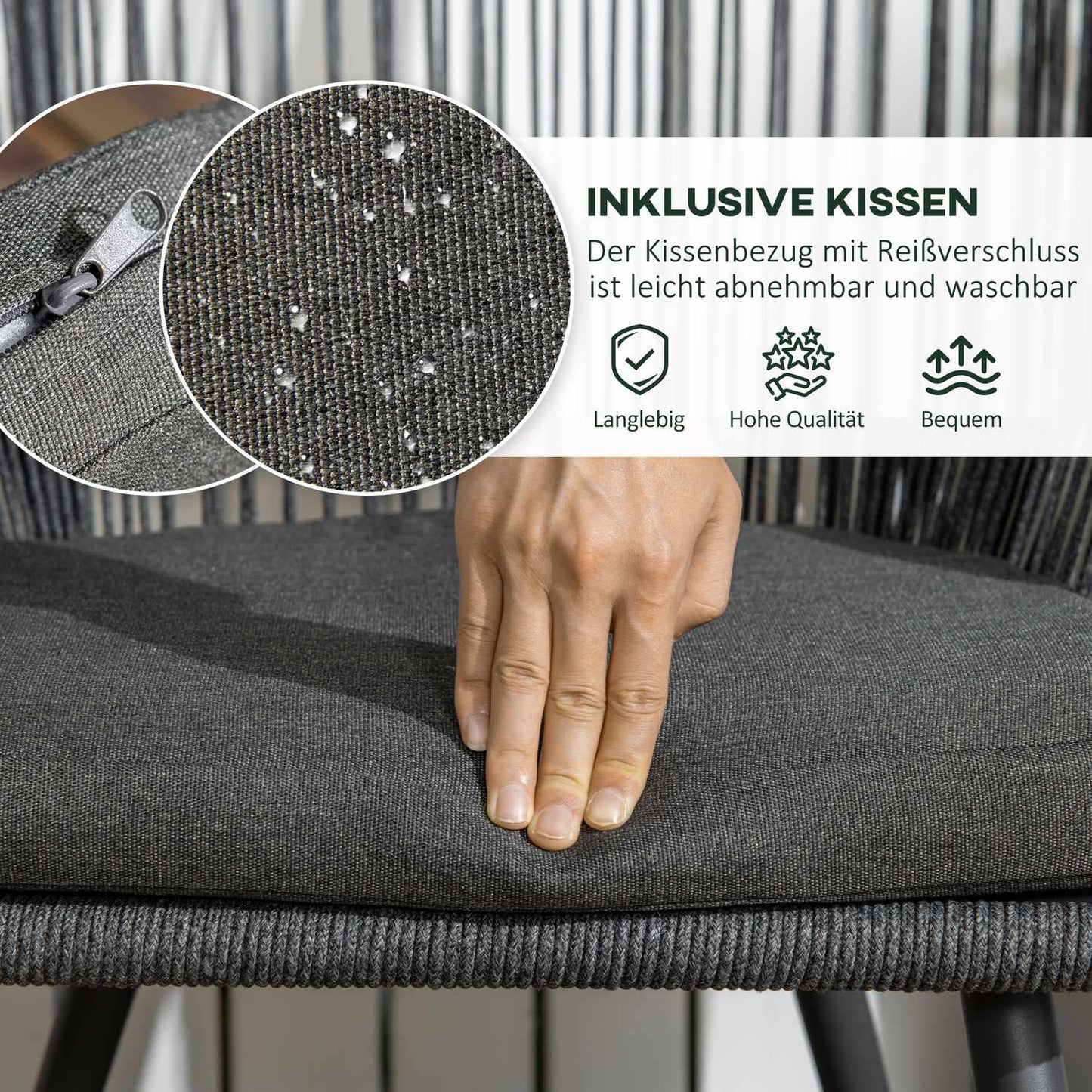 Rattan garden seat for 2 with cushions, dark grey