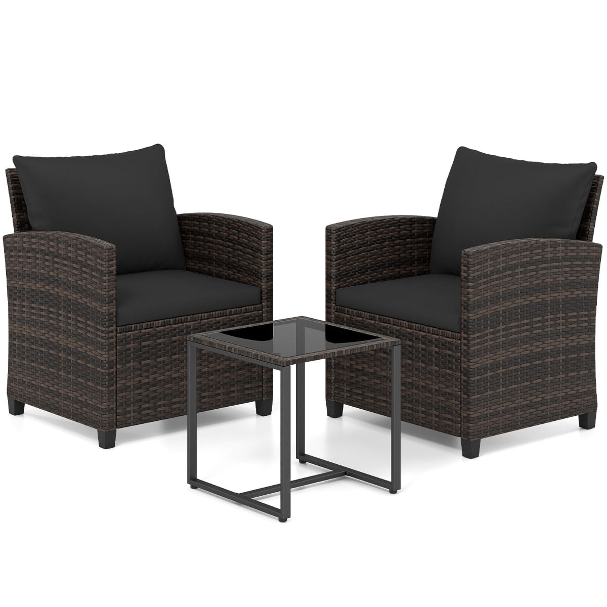 Rattan Balcony Set with 2 Chairs & Glass Table, Brown-Black