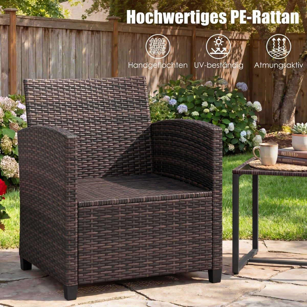 Rattan Balcony Set with 2 Chairs & Glass Table, Brown-Black