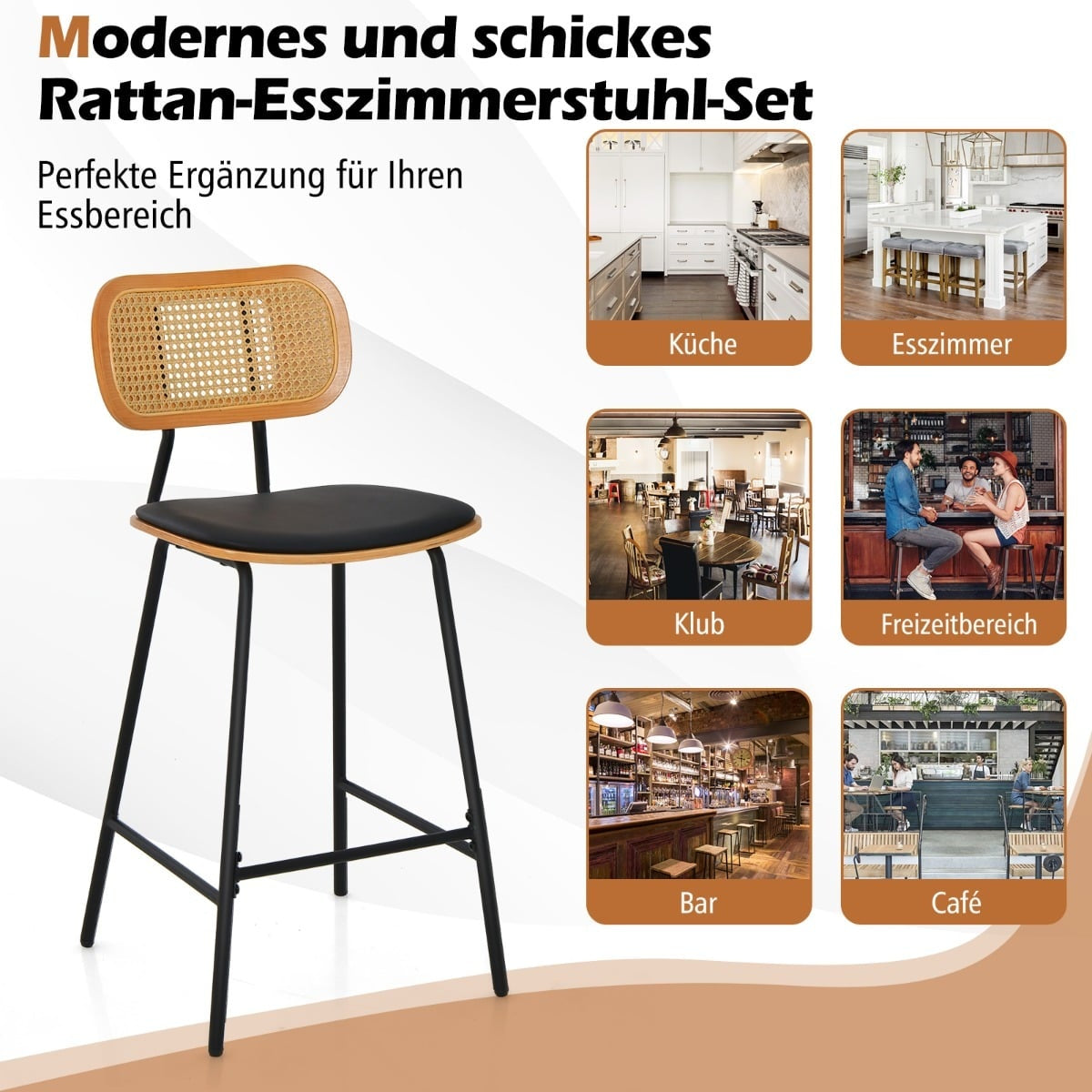 Rattan Bar Stools Set of 2, 65.5cm Seat Height