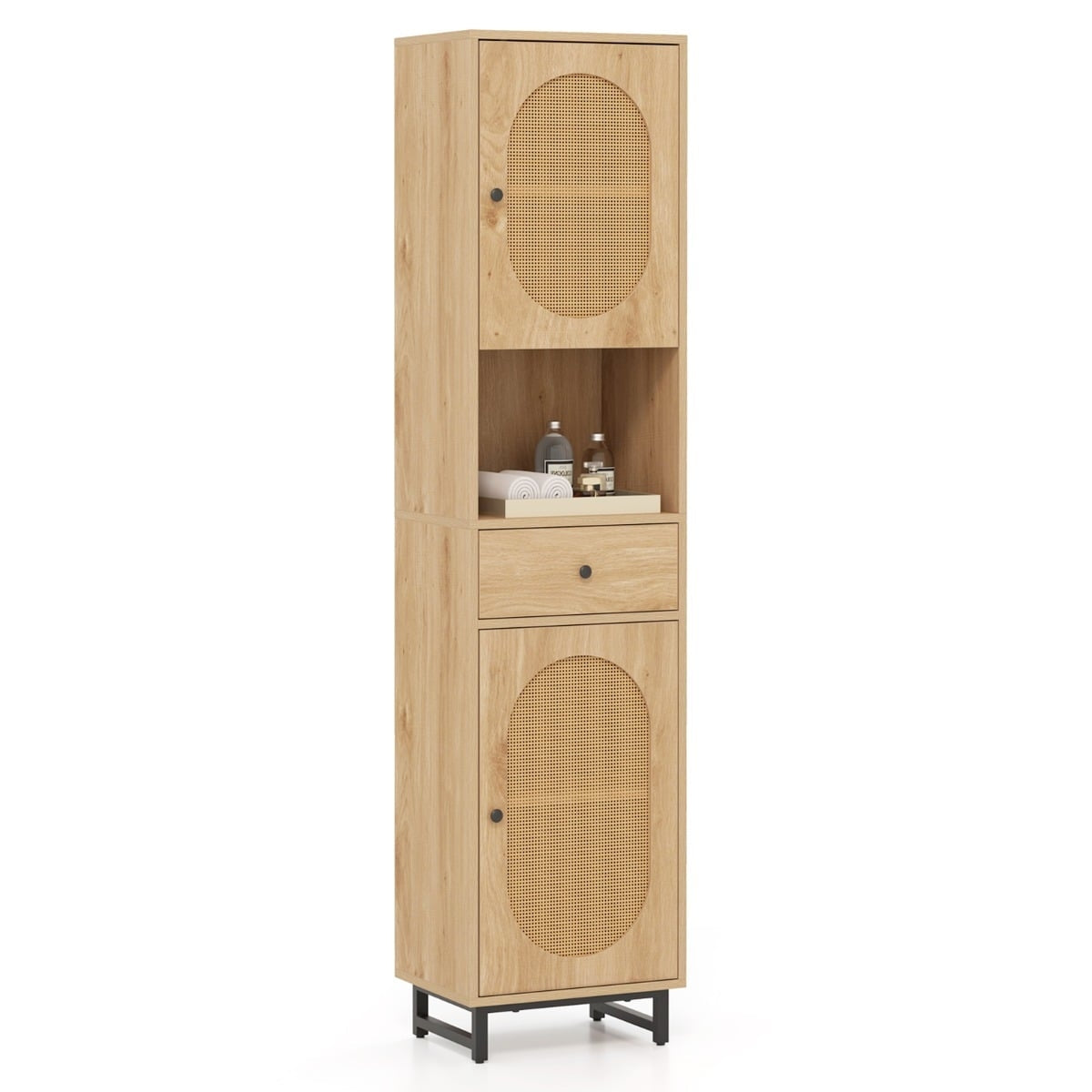 Rattan Bathroom Cabinet with Adjustable Shelves & Drawer