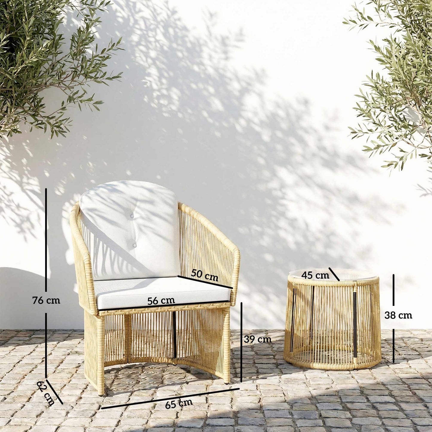 Rattan Bistro Set with Cushions – Table & 2 Chairs