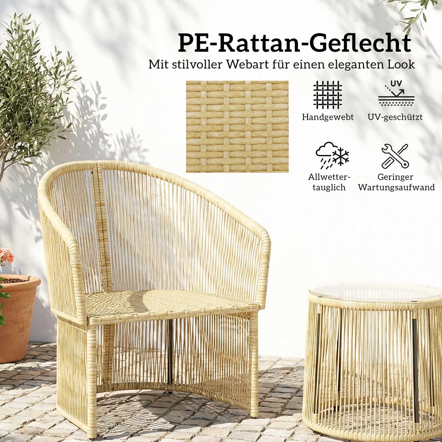 Rattan Bistro Set with Cushions – Table & 2 Chairs
