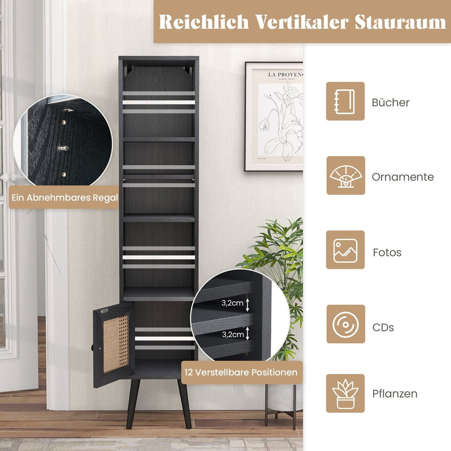 Rattan Bookshelf with 4 Shelves & Door, Boho Style