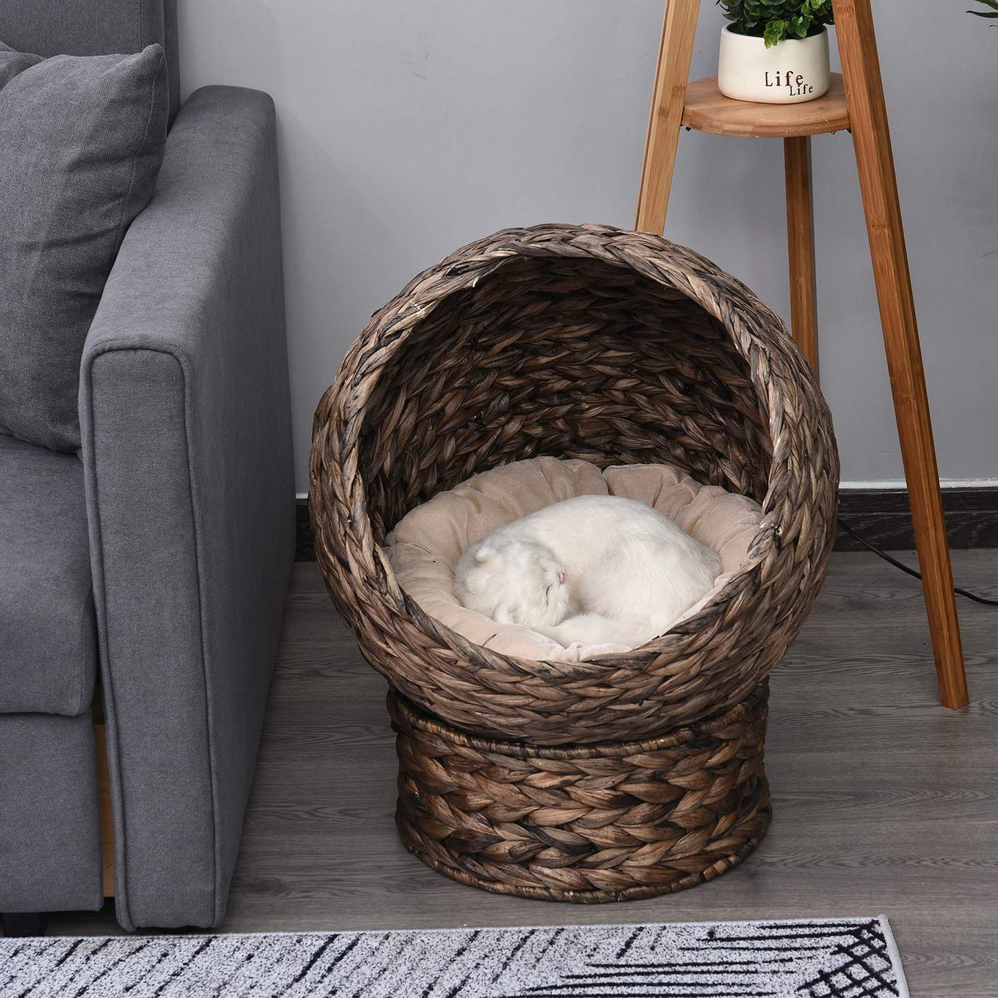 Rattan Cat Basket - Cozy Water Hyacinth Cave, Dark Brown